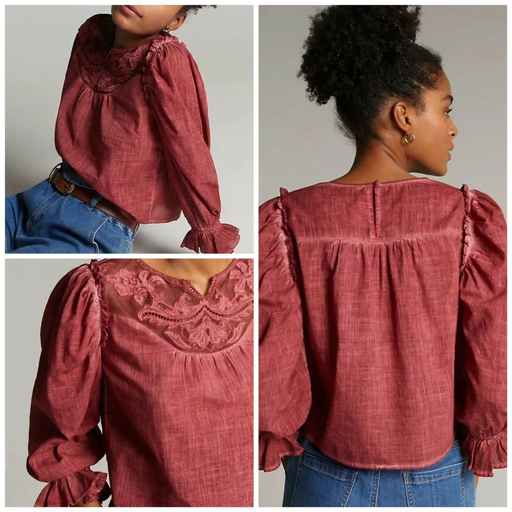 Anthropologie Guinevere Lace Peasant Blouse Red Ruffle Puff Sleeves Sz Small S